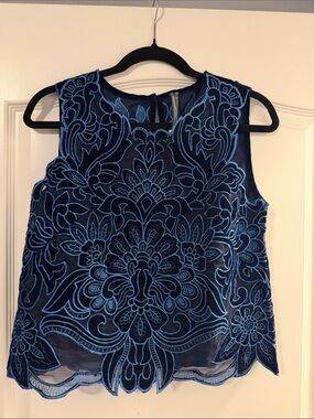 Anthropologie Navy Blue Embroidered Sleeveless Velvet top NWT Size Small